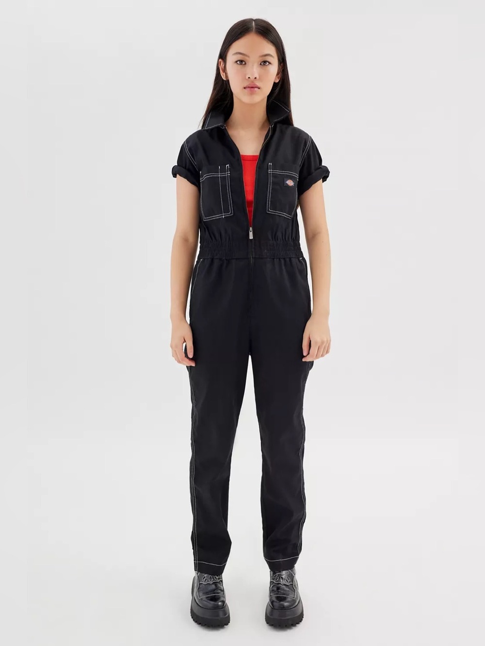 Dickies Florala Coverall Jumpsuit Black Short Sleeve Size Medium Full Zip Cotton